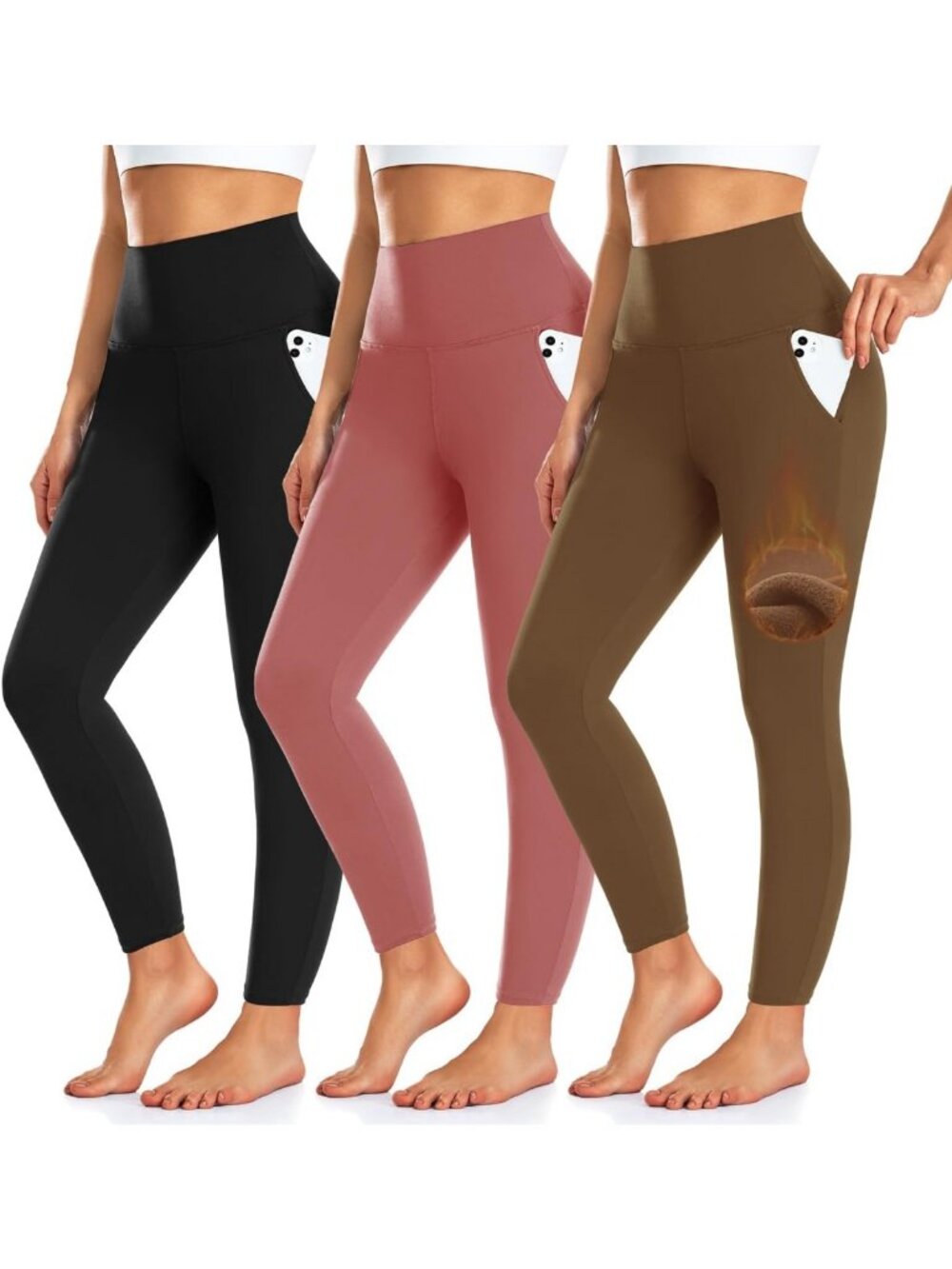 Cozy 3-Pack Women's High Waist Fleece-Lined Leggings with Pockets - Perfect Fit!